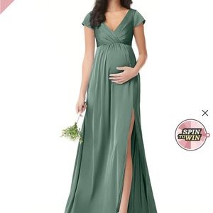 Azazie A-line pleated stretch satin floor length dress, Eucalyptus in color